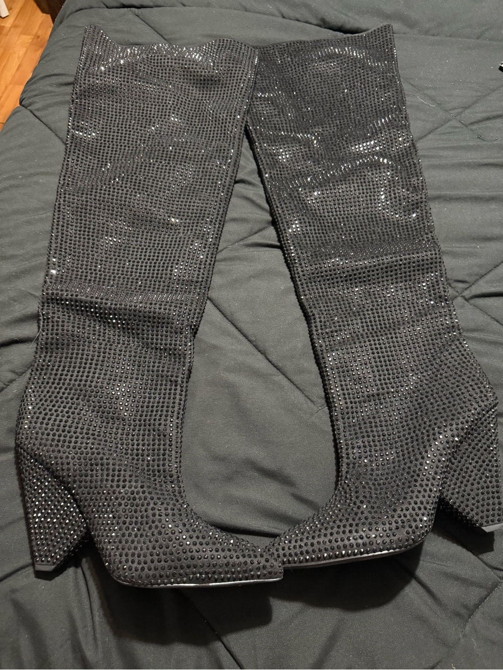 Black Rhinestone Knee-High Block Heel Boots